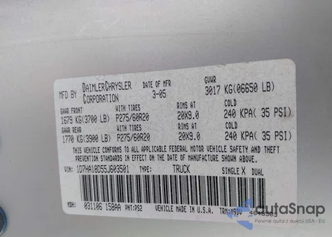 2005 Dodge Ram 1500 Slt/Laramie из США, поврежденный, VIN 1D7HA18D55J603501